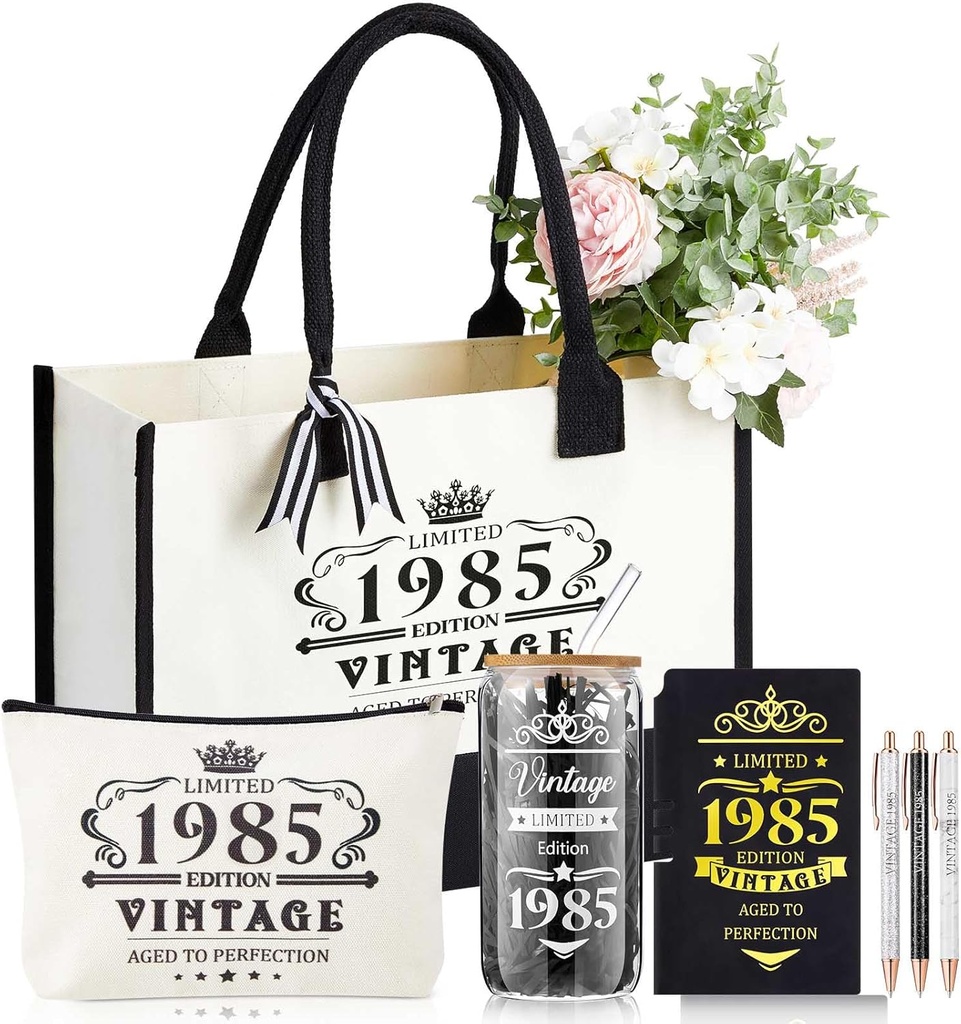 Supervitae 7 Pcs 40th Birthday Gifts Sets for Her Women include Canvas Tote Bag Makeup Bag Glass Cup Notebook Pens for Mom Wife Sister Coworker Happy 40 Birthday Gifts,Vintage 1985 Present Ideas