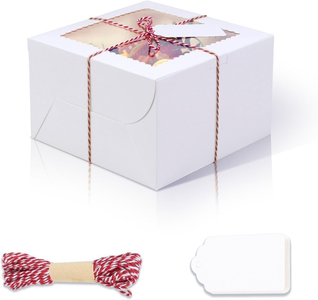 20Pcs 8 Inch Cake Boxes with Window, 8x8x5 Inches White Bakery Boxes, Cake Carrier Container for Pastries, Pie, Cookies, Chocolates, Cupcakes, Birthday Party, Wedding