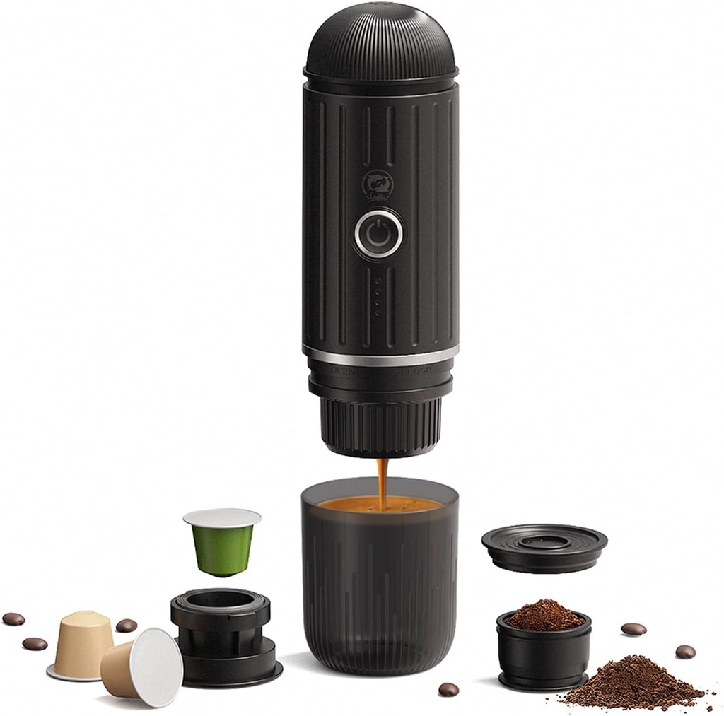 Portable Electric Espresso Machine, Travel Coffee Maker for Camping, Car Coffee Maker Self-Heating with USB-C, With Ground Coffee & NS Capsule for RV, Hiking, Office(Black)
