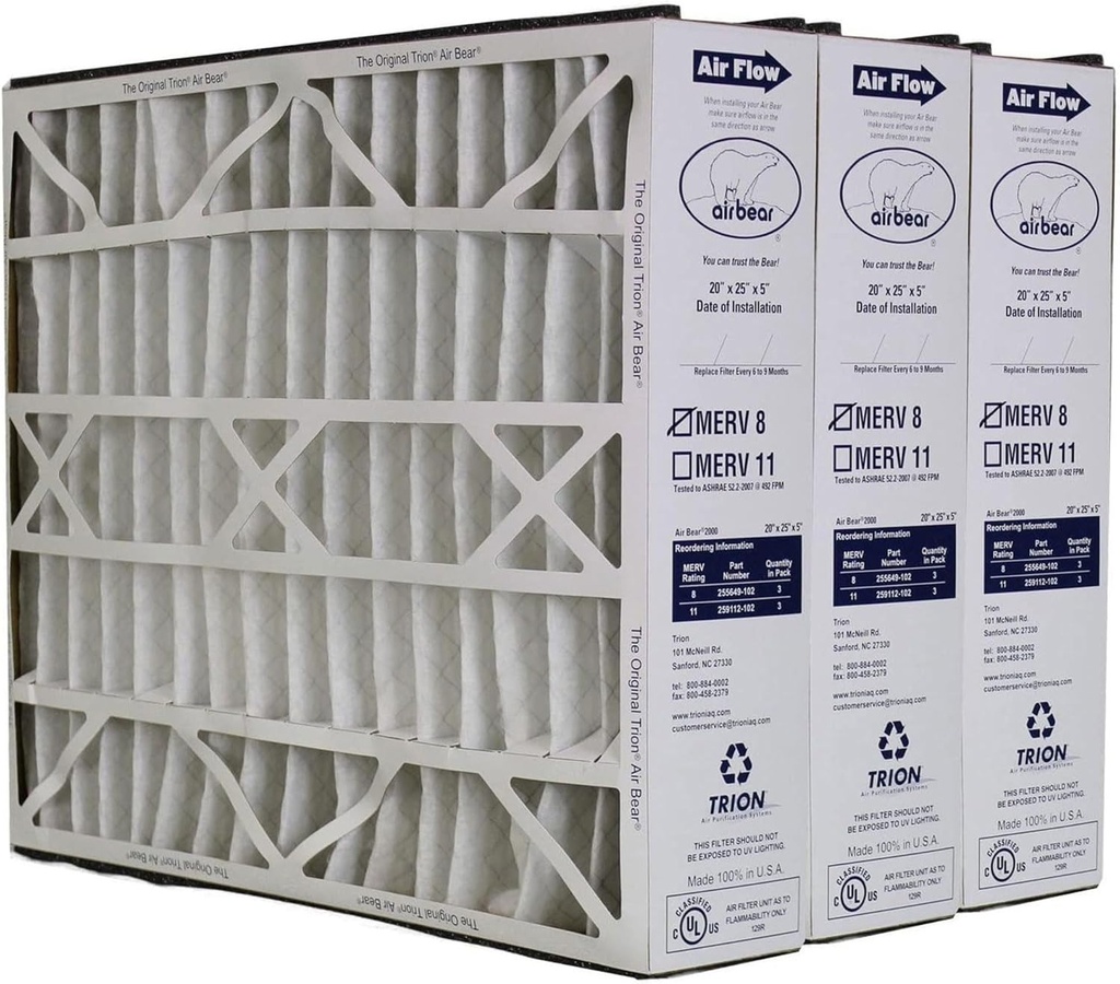 Trion 255649-102 Air Bear 20 x 25 x 5 Inch MERV 8 High Performance Air Purifier Filter Replacement for Air Bear Supreme, Right Angle, and Cub Air Cleaner Purification Systems (3 Pack)
