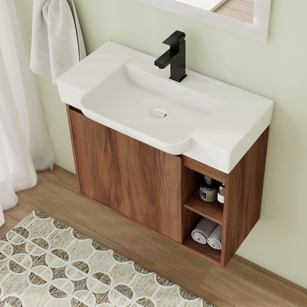 28 Inch Floating Vanity, 28" Bathroom Vanity with Sink, Single Sink Wall Mounted Vanity Combo, Modern Brown Bathroom Vanity Set with 1 Door