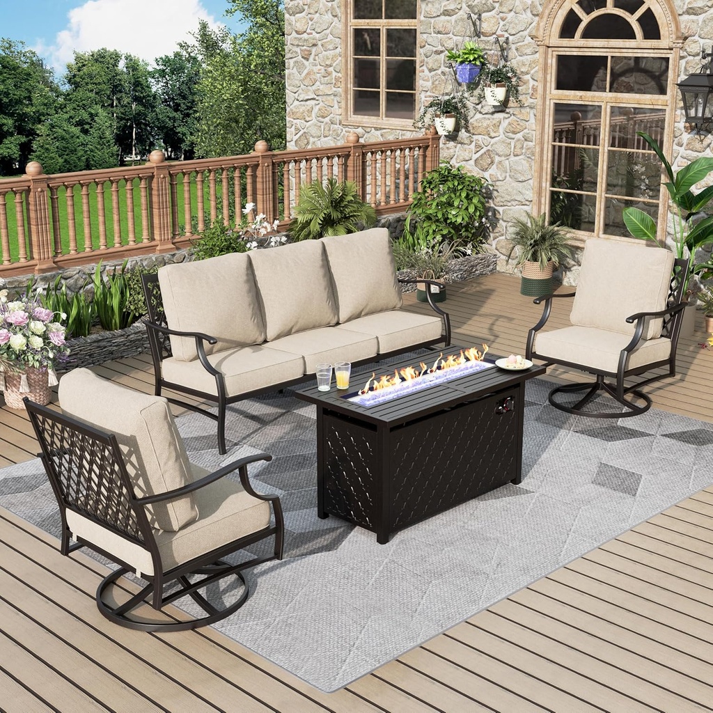 Patio Furniture Set with Firepit Table, 4 Pcs Metal Outdoor Conversation Set, 2 Swivel Chairs and 3 Seater Sofa with 5.75" Extra Thick Cushion and Gas Fire Pit Table for Backyard Deck, Beige