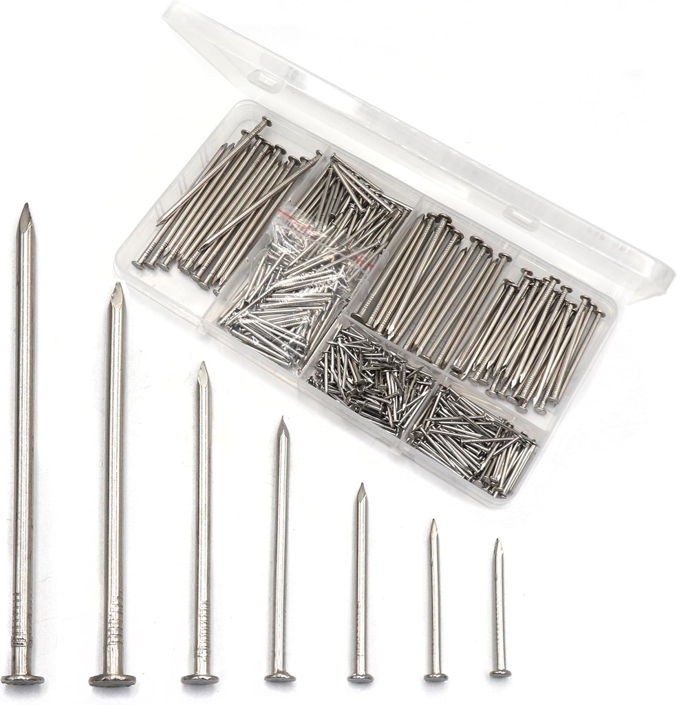 cSeao Nails Hardware Assortment Kit, Stainless Steel Nails for Hanging Pictures, Woodworking, Pack of 410 Pieces