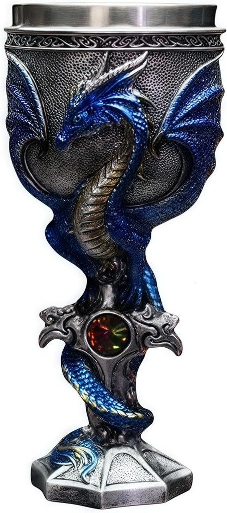 Dragon Goblet Stainless Steel Dungeons and Dragon Gift for Men, 7 oz Chalice Wine Goblet Cross Medieval Drinking Cups Gothic D&D Goblet Vintage Halloween Christmas Gift (Blue)