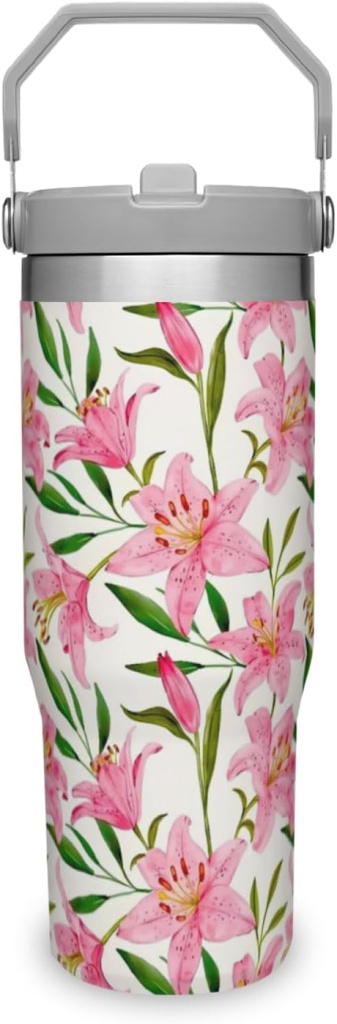 Floral Pink Lily 30oz Stainless Steel Tumbler with Straw - Vacuum Insulated Water Bottle for Office or Car - Reusable Mug Cup with Leak Resistant Flip - Holiday Gift for Mom,Her,Mother(Style-02)
