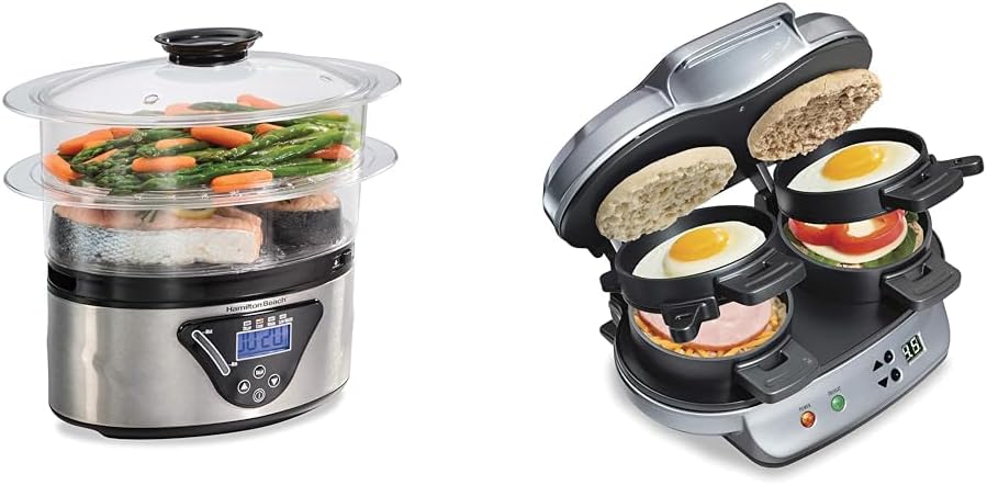 Hamilton Beach Digital Electric Food Steamer & Rice Cooker for Quick, Healthy Cooking for Vegetables and Seafood & Dual Breakfast Sandwich Maker with Timer, Silver (25490A)