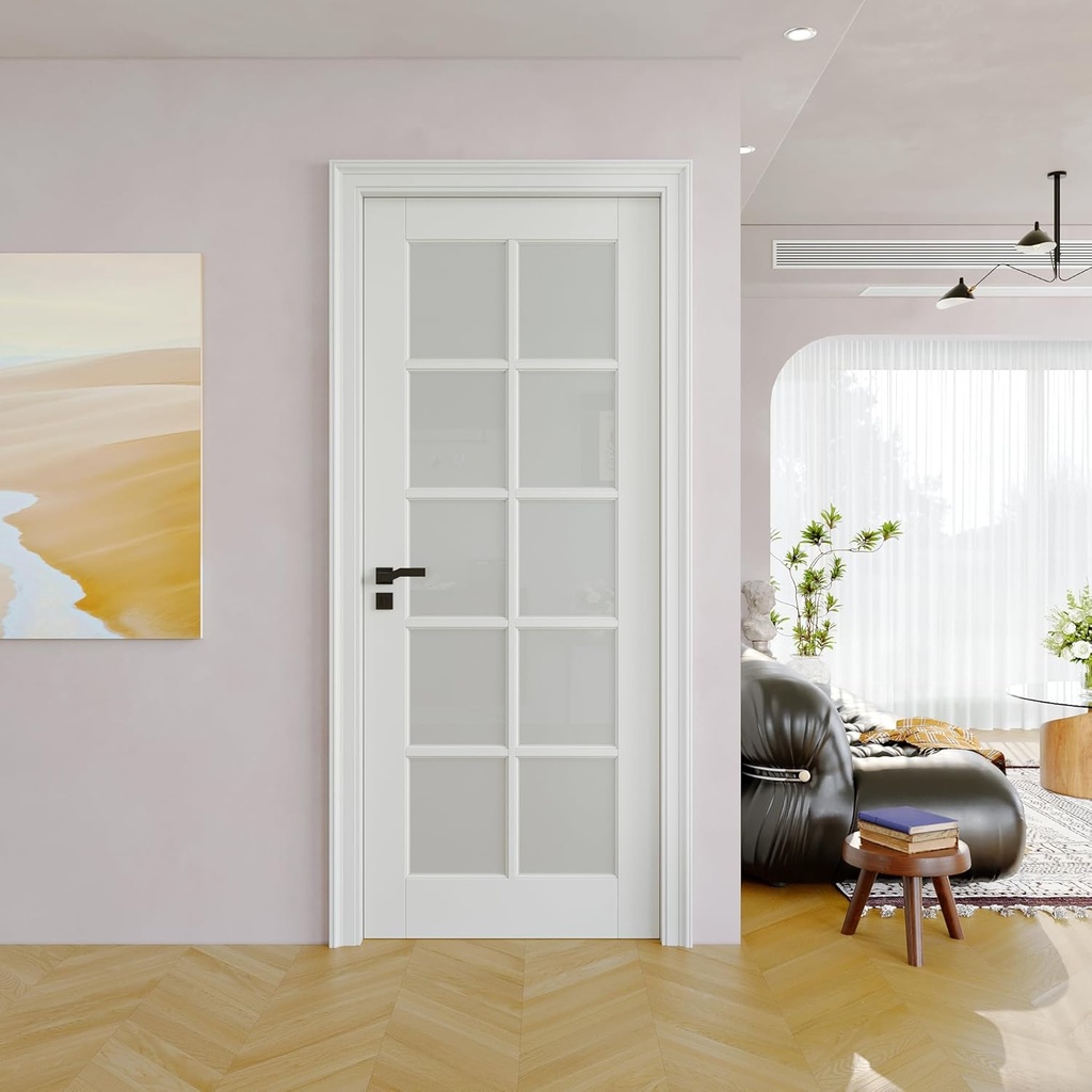 32" x 80" Slab Door, 10-Panel Pre-Assembled Frosted Glass Interior French Door Slab, Soild Core & Pre-Finished Single Panel for Pantry Bedroom Closet as Pocket, Bifold, Barn Doors-Shaker w/o Hardware