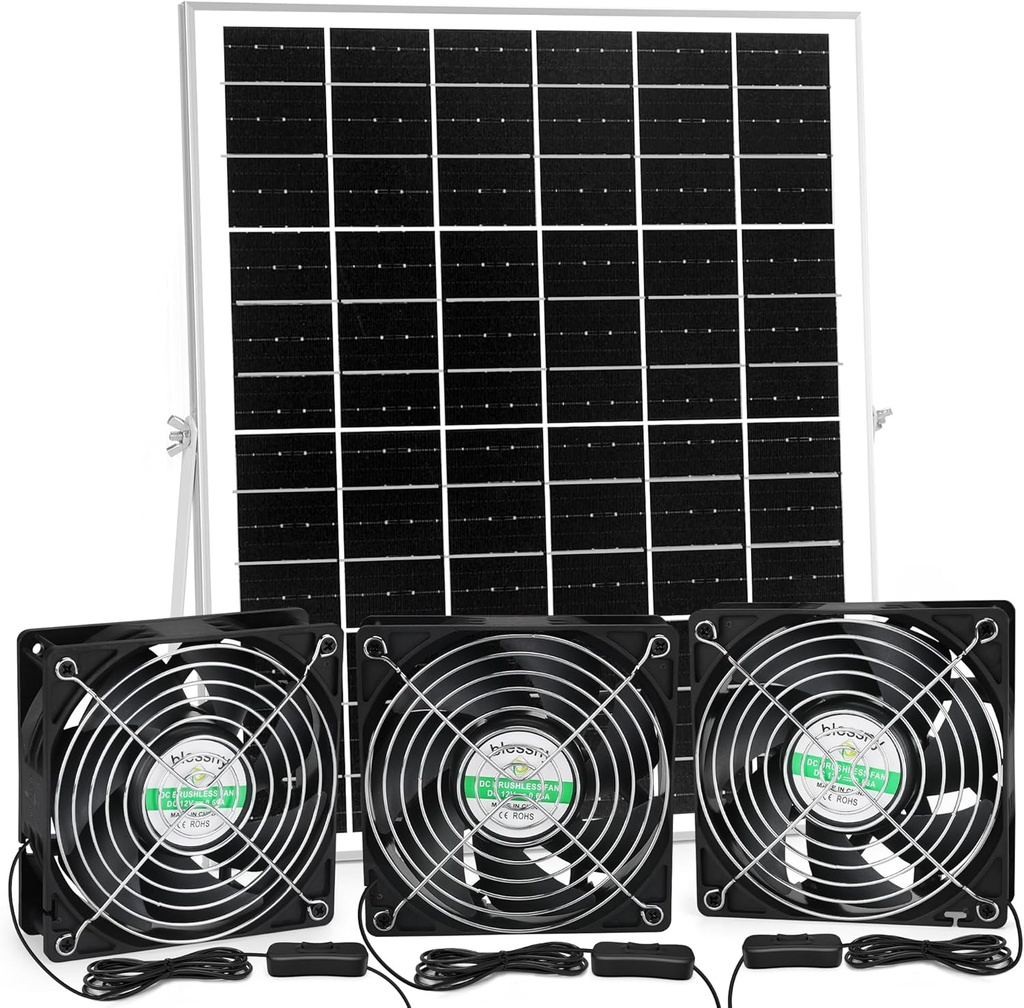 Solar 3 Fan Kit for Intake or Exhaust air, 25W Solar Panel Powered Fan for Chicken Coop, Greenhouse, Outdoor Solar Fans with 15 ft Cord, IP67 Waterproof, 3500RPM