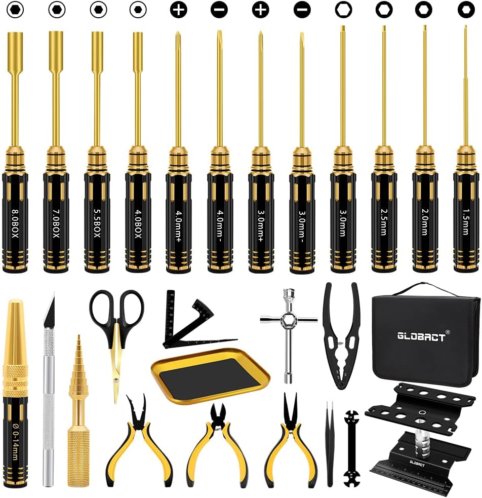 GLOBACT RC Tool Kit RC Screwdriver Kit, RC Car Stand, RC Hex Driver Set, RC Pliers Set, Screws Tray, Wrench, Body Reamer for 1/8 1/10 Slash Axial Arrma Redcat Losi RC Repair Tool Box Set-26Pcs