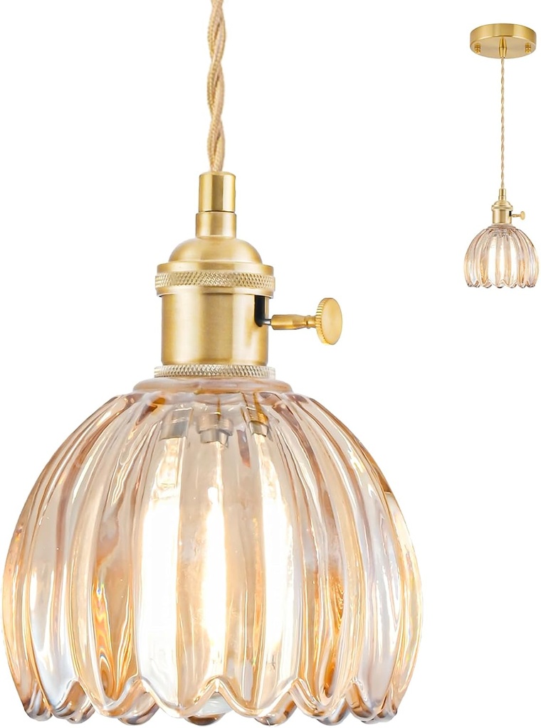 Mini Pendant Lights Kitchen Island, Small Adjustable Pendant Light Fixture with Amber Tulip Glass Lampshade, Vintage Gold Pendant Lighting, Pendant Light for Bedroom Dining Room Hallway