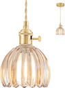 Mini Pendant Lights Kitchen Island, Small Adjustable Pendant Light Fixture with Amber Tulip Glass Lampshade, Vintage Gold Pendant Lighting, Pendant Light for Bedroom Dining Room Hallway