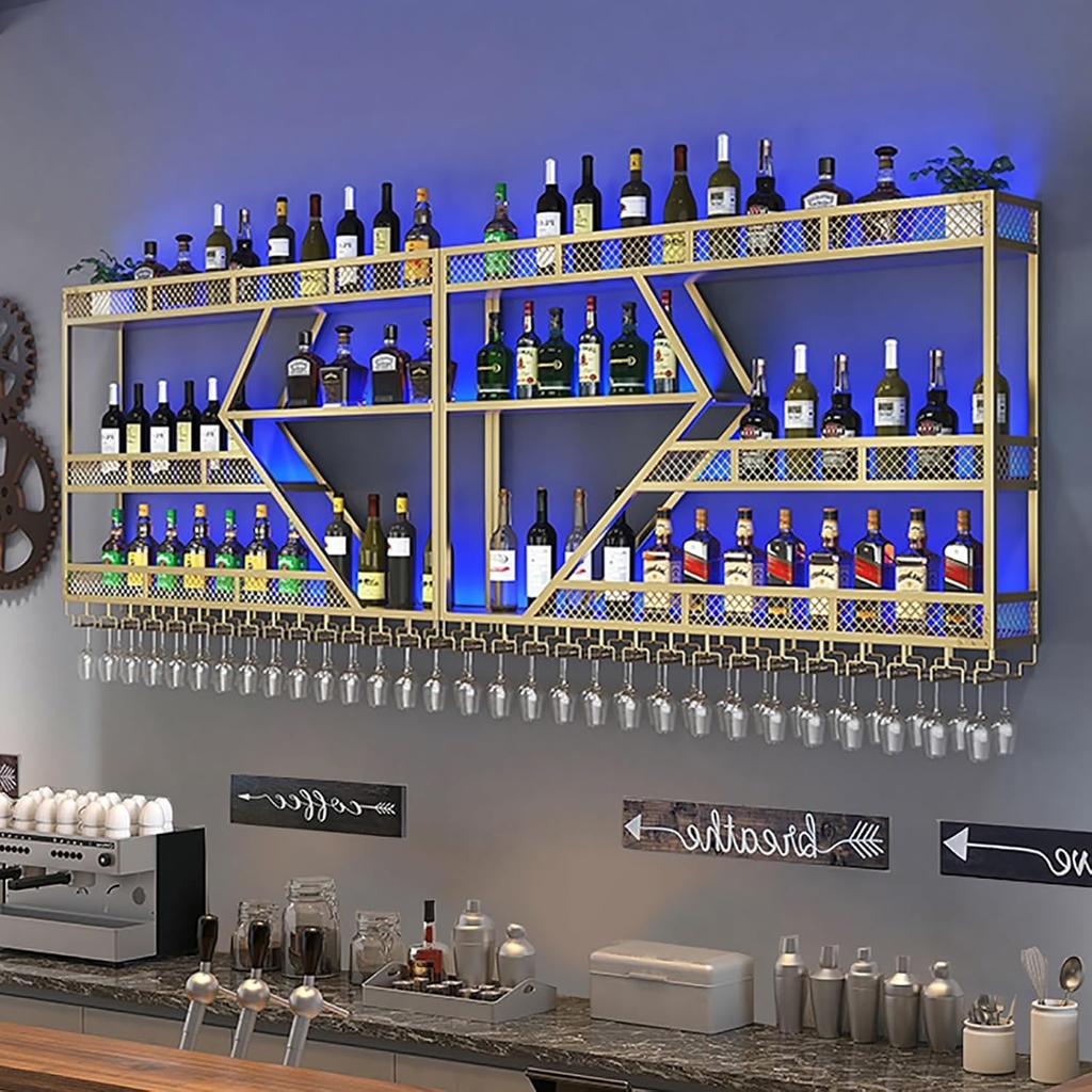 Bar Wine Rack Wall Mounted with LED Light,Floating Bar Shelves with Hanging Wine Glass Holder,Liquor Bottle Display Shelf,Metal Wine Storage Racks,Bar Shelf for Wine Cellar,Kitchen,Black/GOL