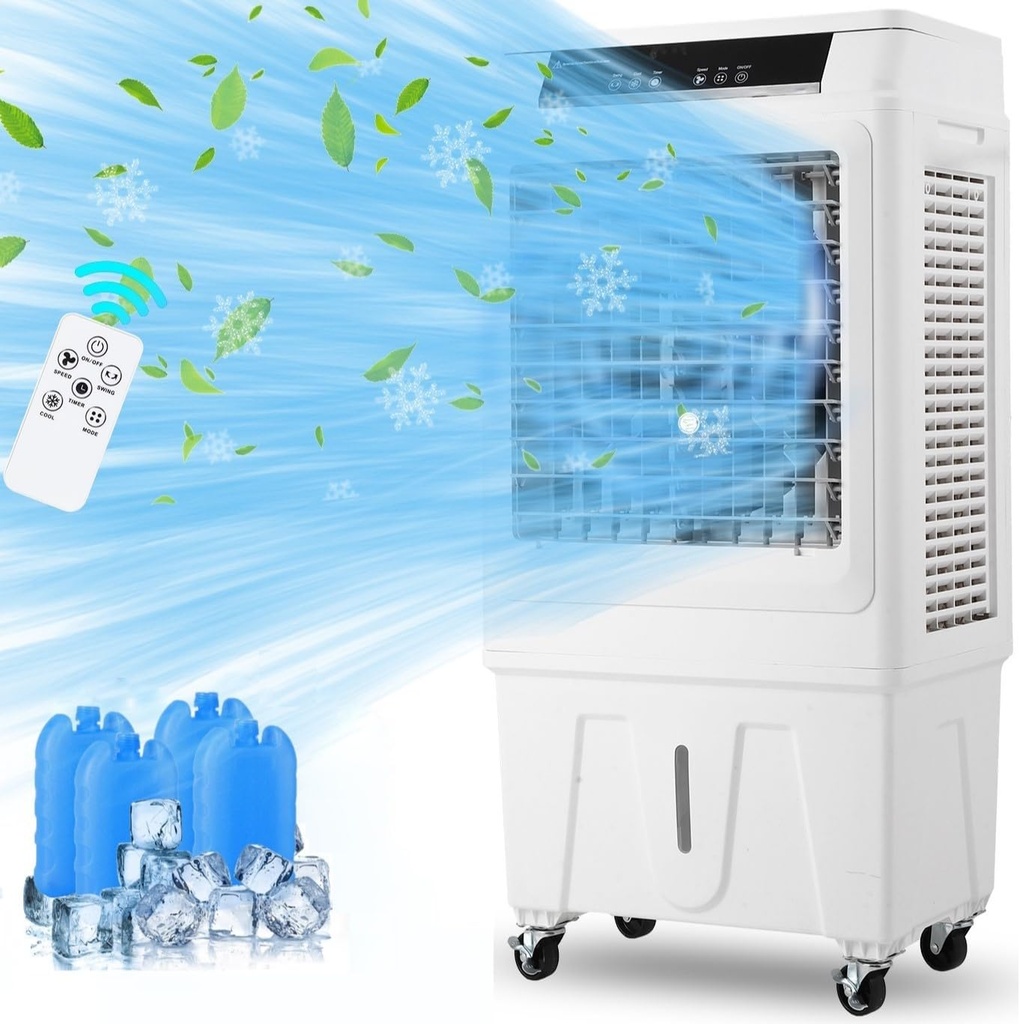 Evaporative Air Cooler for Warehouse, Garage, or Patio – 3-Sided Cooling Panels, Ice Chamber, Powerful Fan Motor, Portable with Locking Wheels for Big Spaces