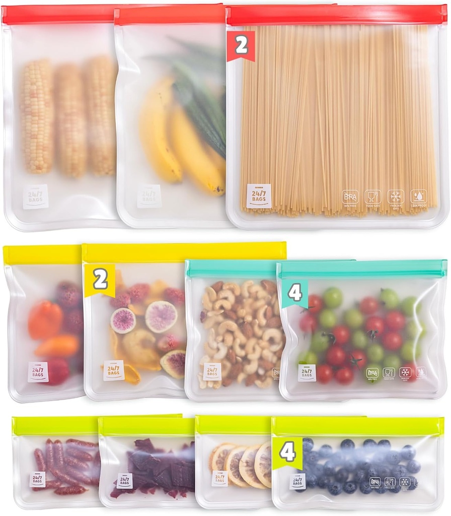 12 Pack Variety Reusable Food Storage Bags, Food Grade PEVA Material, Double Zipper, Freezer Safe, BPA-Free (4 Snack, 4 Sandwich, 2 Quart, 2 Gallon)