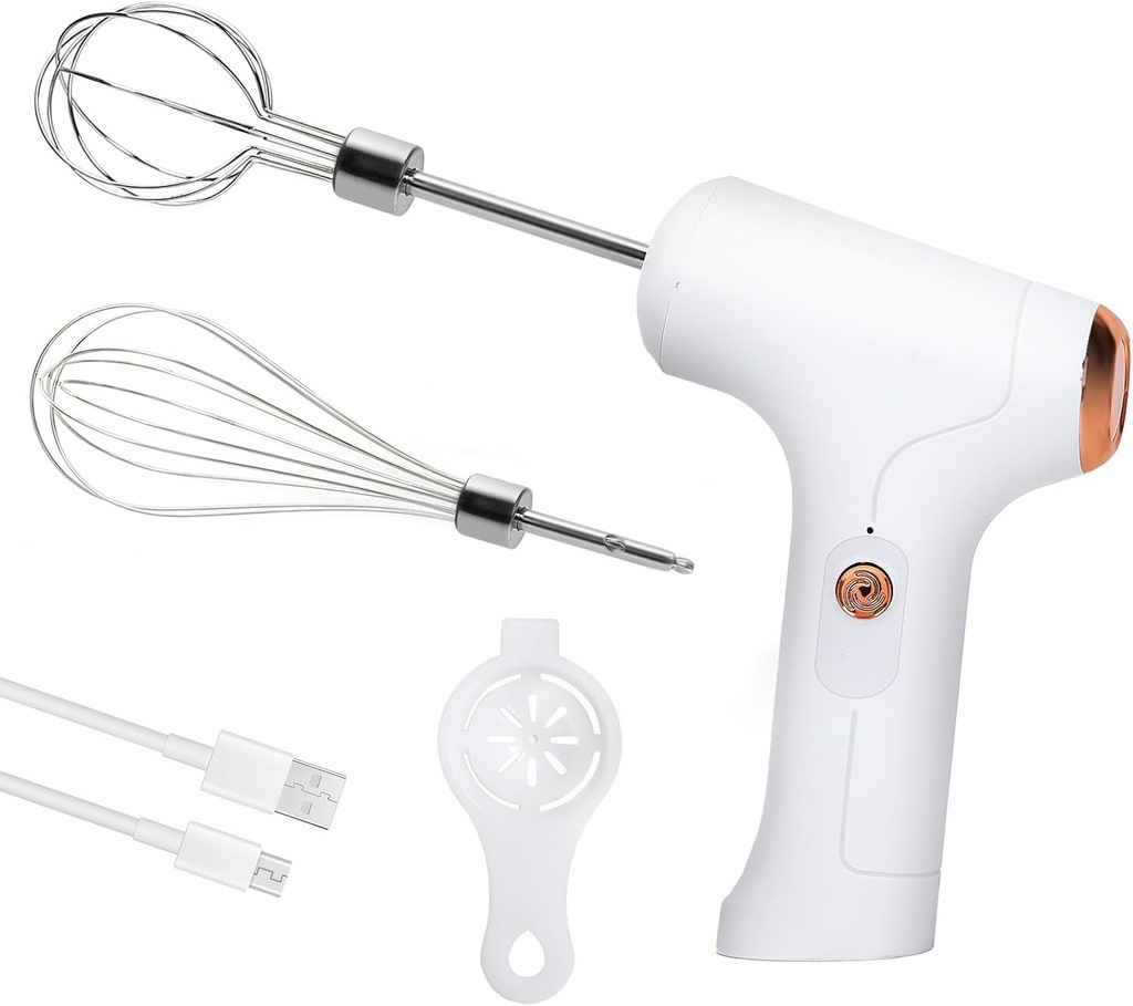 Cordless Hand Mixer, Handheld Electric Whisk with 3 Speed Modes, Hand Held Egg Beater with 2 Detachable Stir Whisks (White)