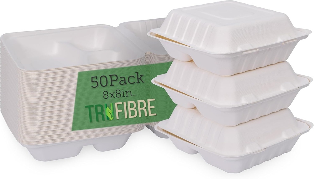 White Disposable Food Containers with Lids, To Go Clamshell, Take Out Boxes for Delivery, Cakes, Desserts, Party Favors, Events, 8x8, 50 Pack