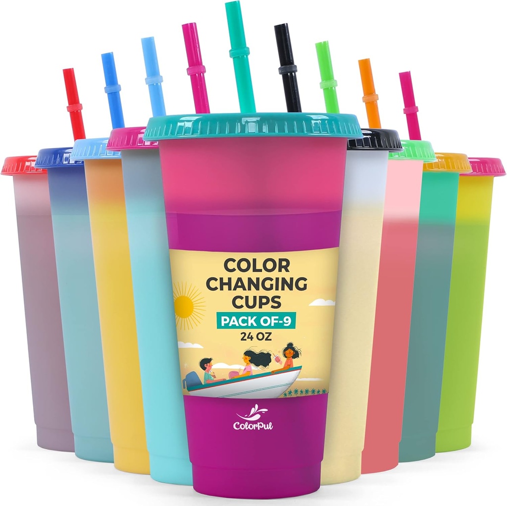 Plastic Tumblers with Lids and Straws - 9 Packs 24oz Color Changing Cups Thick Plastic Cups With Lids And Straws-Reusable Cup With Lids And Straws-Kids Cup With Straws And Lids-SmoothieCup