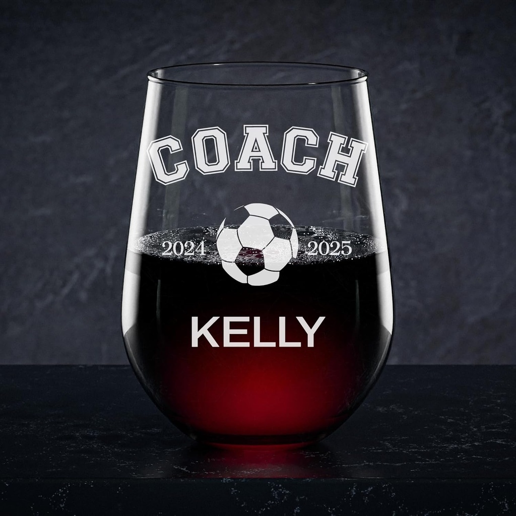 Custom Wine Glass Soccer Coach Gift, Laser Engraved Soccer Personalized Name And Years, Great Gift For Retirement, End Of Season Celebrations And Special Occasions