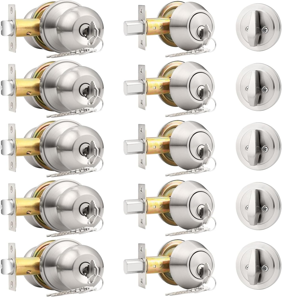 Probrico 5 Pack -Brushed Nickel Entry Knob and Single Cylinder Deadbolts, Keyed Alike Entry Handleset for Front Entrance Door