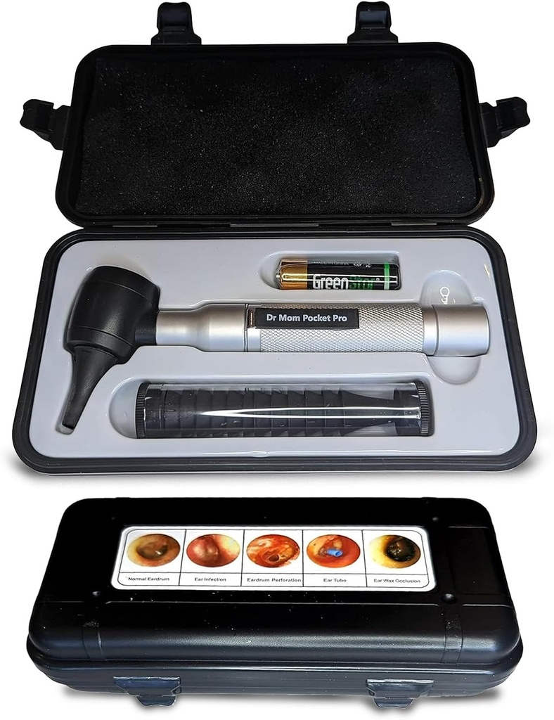 4th Generation Doctor Mom LED Pocket Pro Otoscope with Both Adult and Pediatric Disposable Specula Tips, Battery, and Protective Hard Plastic Case