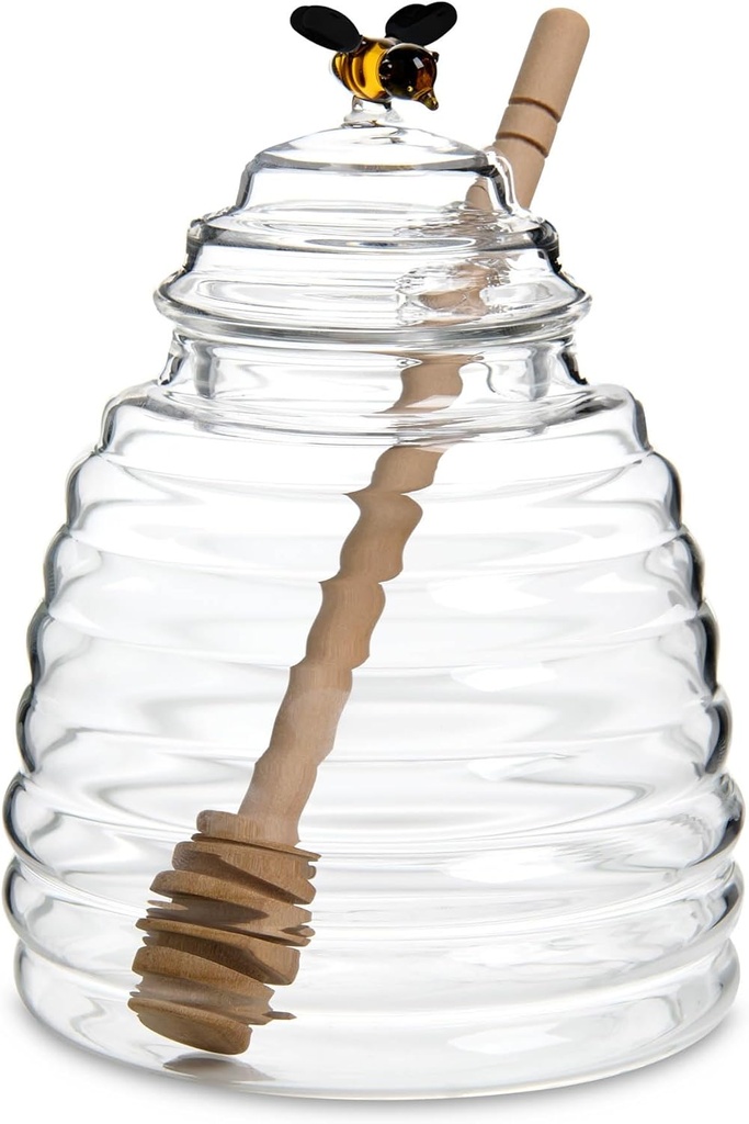 HIC Kitchen Glass Honey Jar with Lid and Honey Dipper, Borosilicate Glass and Beechwood