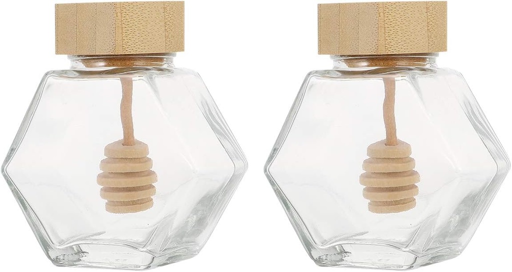 2pcs Hexagon Honey Glass Bottle Wooden Lid Airtight Jar Wooden Dipper Bottle Sealed Jar for Coffee Jam Honey Syrup Beehive Storage Prep Terrarium Mini Cork Dry Food