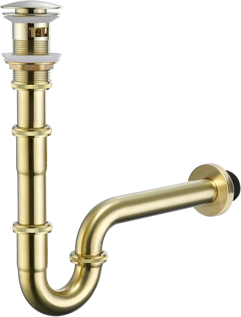 Bathroom Sink Stopper Bottle Trap, U-Shape 1-1/4 inch Slip Inlet Drain, Adjustable Height P Trap Set with Overflow, General US/CA Standard, Thickened(29.8oz), Brushed Gold