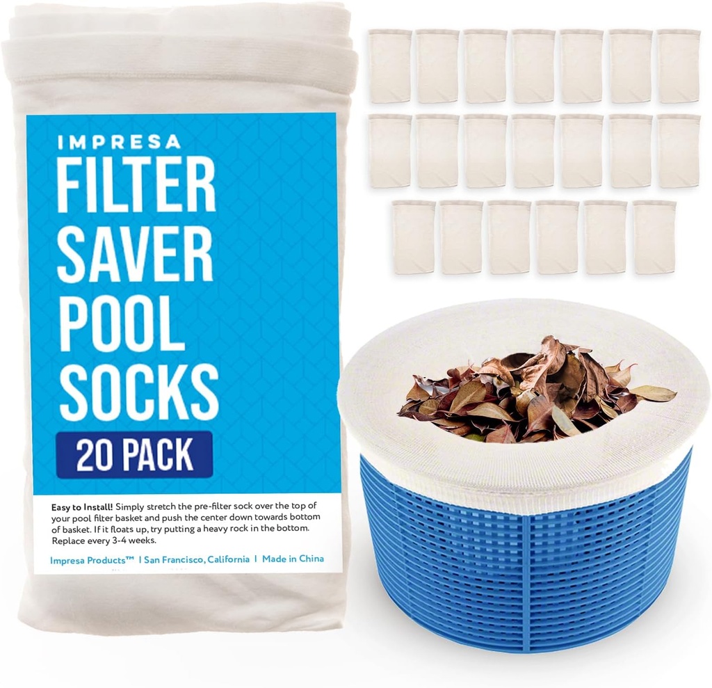 IMPRESA Pool Skimmer Socks - Compatible with Hayward, Pentair & Intex - 20-Pack - Filter Saver Socks - Fits Inground & Above Ground Pool Skimmers