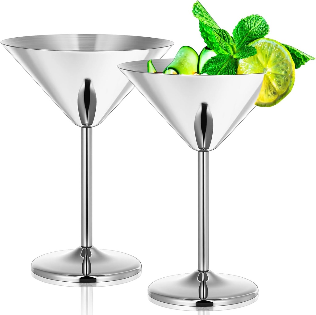 Yinder 2 Pcs Stainless Steel Martini Glasses Bulk 8.5oz Shatterproof Metal Martini Glass Reusable Steel Wine Cocktail Glass 18/8 Mirror Polished Surface Stemware for RV Bar Wedding Graduation Party