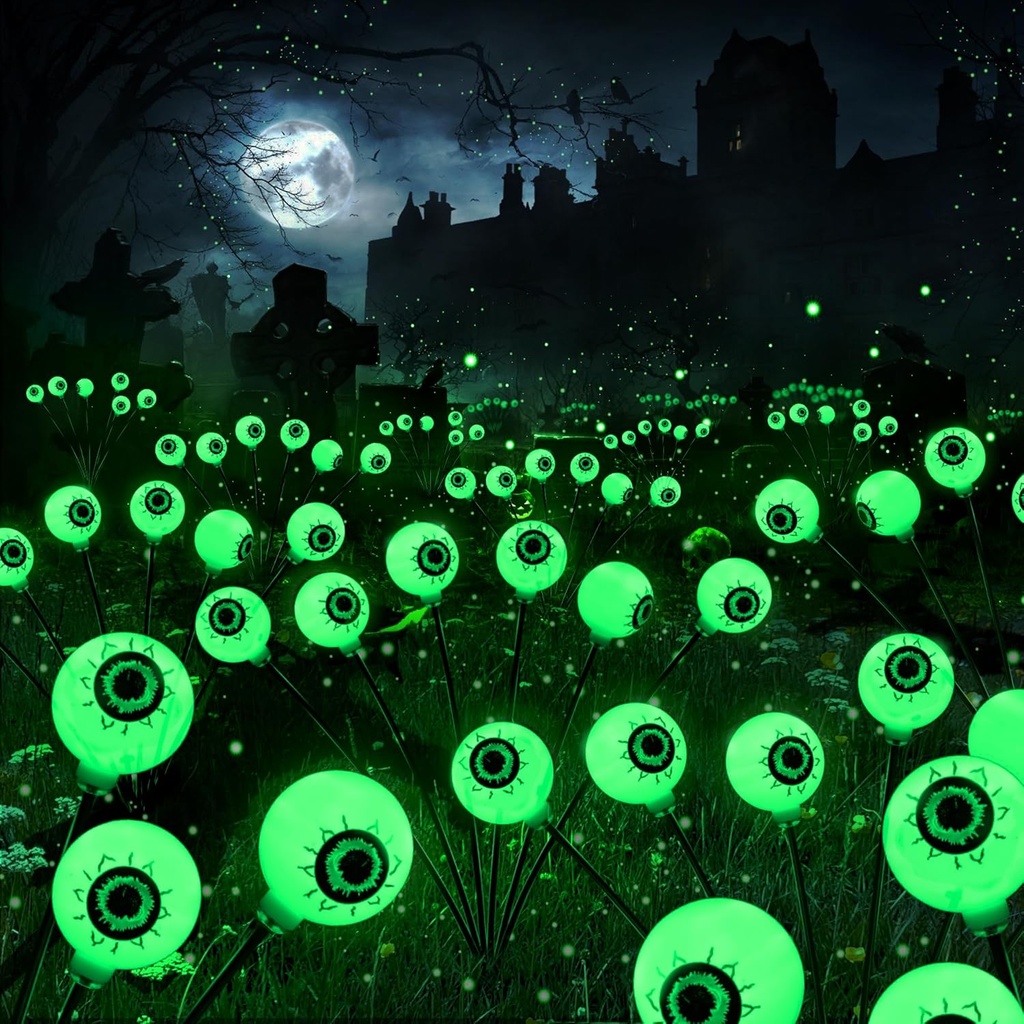Brizled Solar Halloween Lights, 2 Pack Total 12 LED Green Halloween Eyeball Lights, 2 Modes Outdoor Green Eyeball Light, Swaying Outside Scary Pathway Light Waterproof for Garden Yard Lawn Path Decor