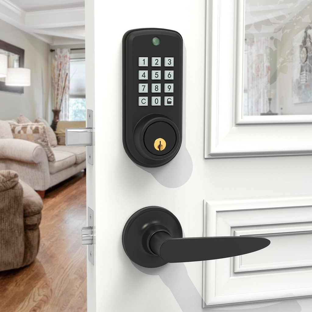 Smart Keypad Deadbolt Lock with Handle - Keyless Entry for Front Door, Electronic Digital Keypad, Auto Lock & Traditional Key Backup - Easy Installation