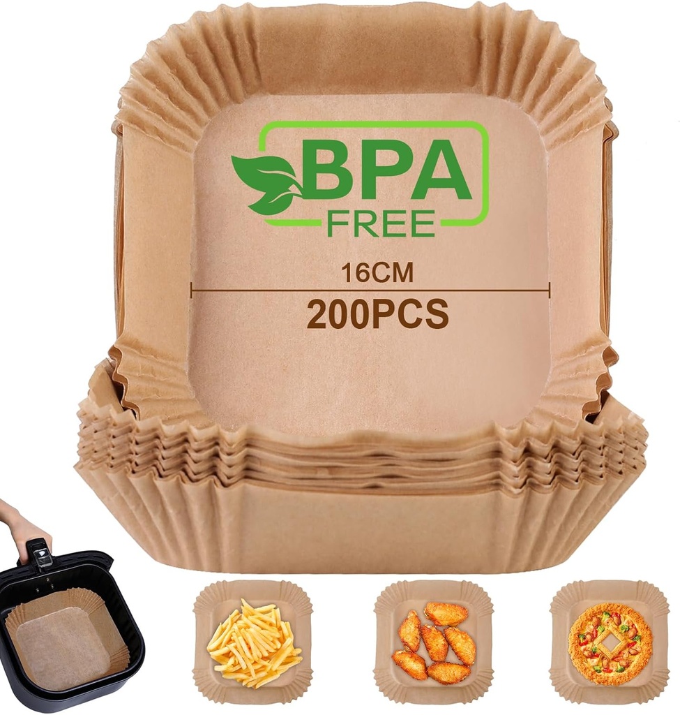 AiQInu Square Air Fryer Paper, 200 Pieces 16-20 cm Food-Grade BPA Free Disposable Parchment Paper, Non-stick Oil Oven Paper for 3-4.5L Air Fryer and Microwave