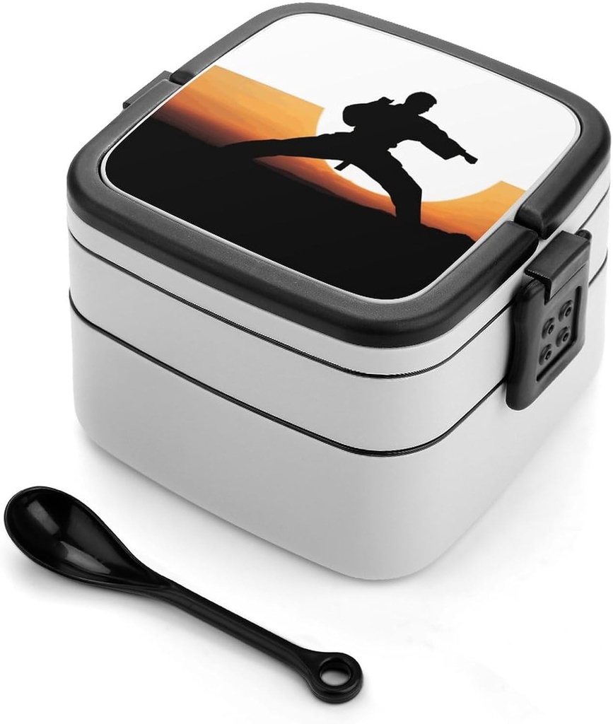 Karate Silhouette Bento Box for Adults Double Layer Lunch Box with Spoon And Invisible Handle Microwave Dishwasher Safe Leak Proof Meal Prep Lunch Containers for Office Picnic