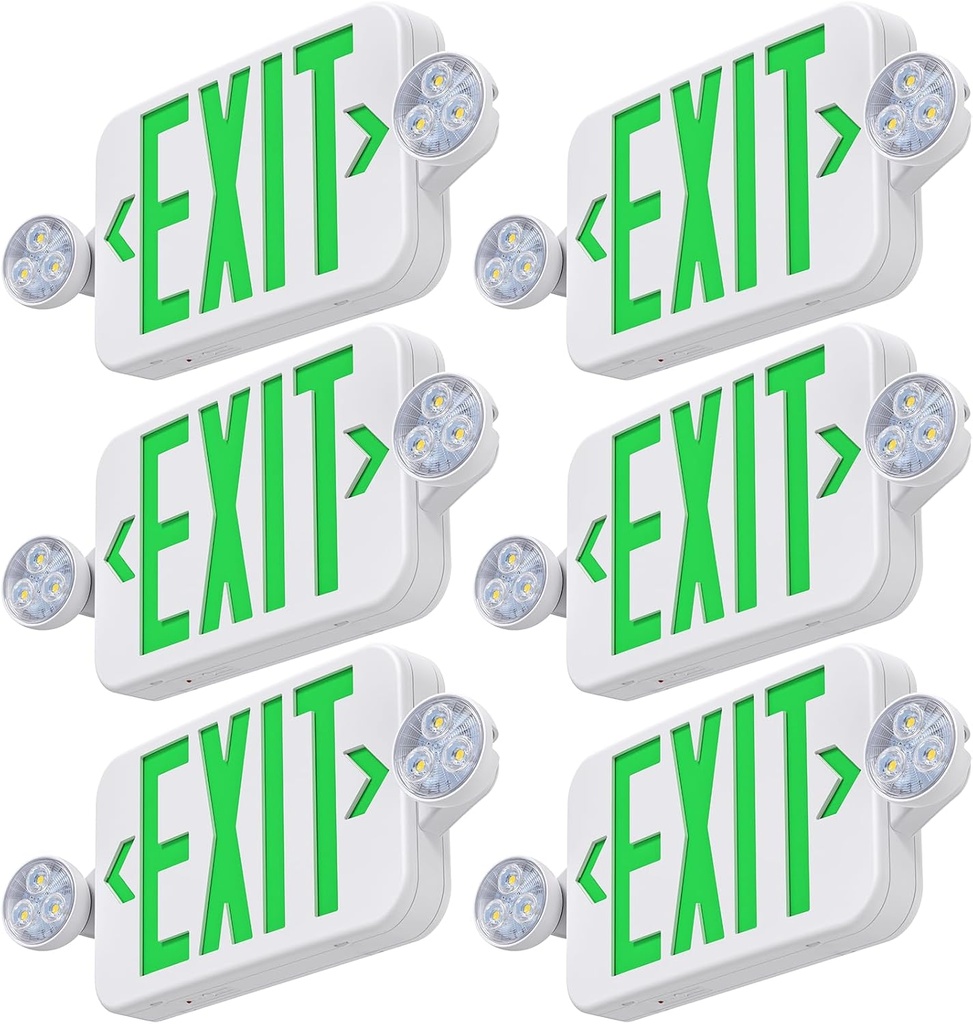 Led Exit Sign Emergency Light Combo Adjustable Two Head,Double Sided and Battery Backup Exit Light,Green Letter Hardwired Emergency Exit Sign,AC 120/277V,UL Listed,Ceiling&Wall Mount (6 Pack)