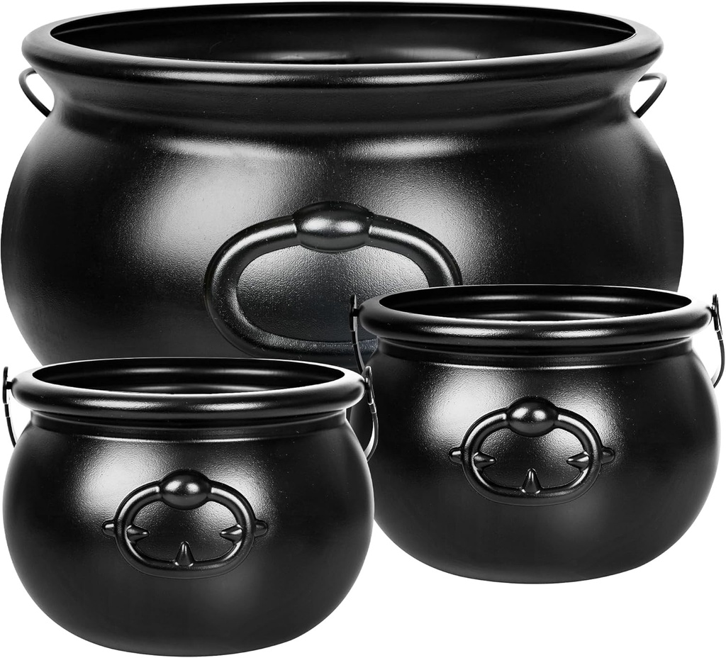 3PCS Witches Cauldron, 12.6" and 7.68" Halloween Large Cauldron, Plastic Black Candy Holder Pot Spooky Punch Bowl for Halloween Decorations, Trick or Treat, St Patrick's Day Favors