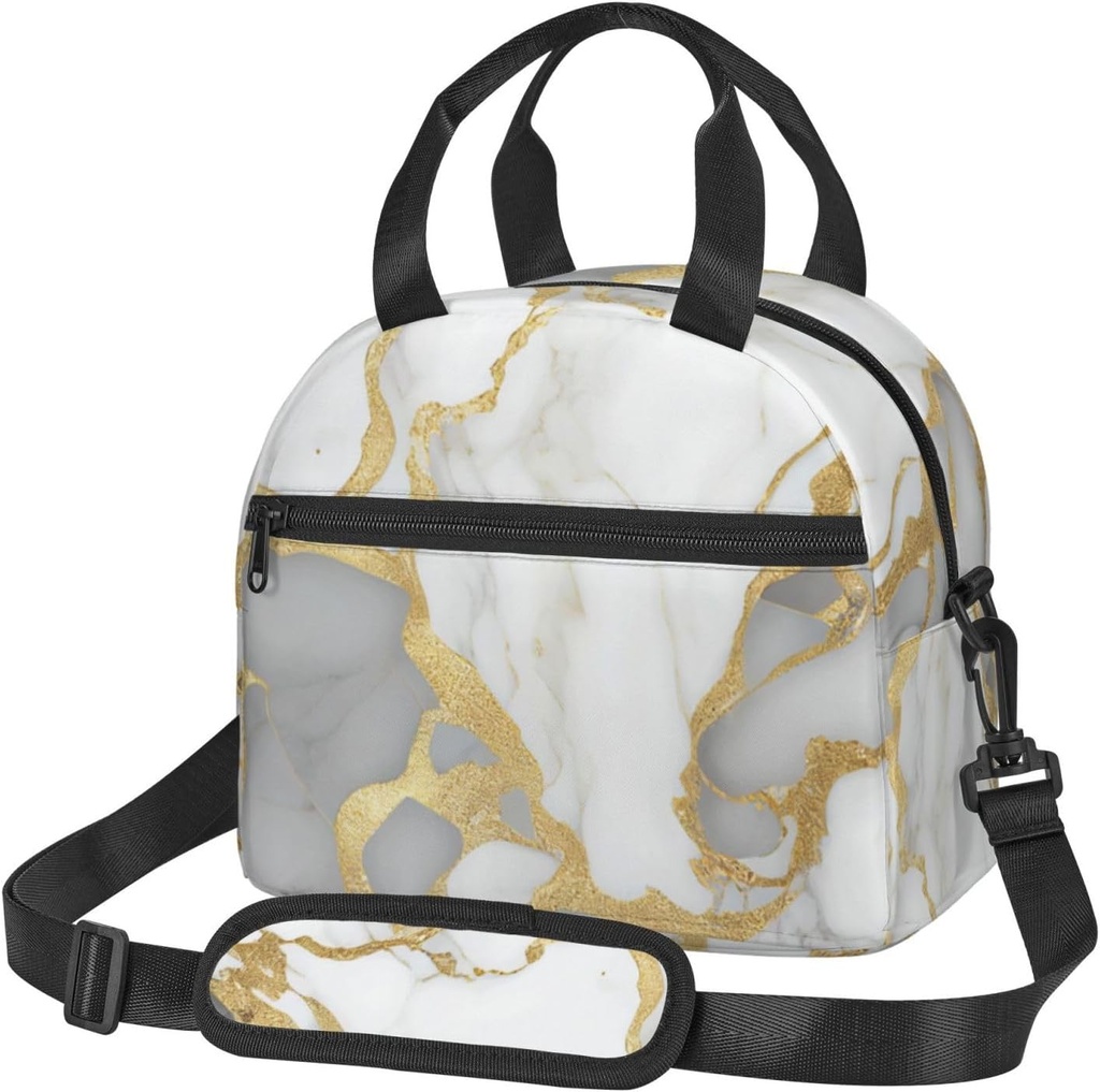 Golden and White Marble Lunch Bag with Adjustable Shoulder Strap for Women Men Reusable Lunch Box Leakproof Tote Bags Insulated Cooler for Work Travel Outdoor(9 x 5 x 7.8 Inches)