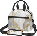 Golden and White Marble Lunch Bag with Adjustable Shoulder Strap for Women Men Reusable Lunch Box Leakproof Tote Bags Insulated Cooler for Work Travel Outdoor(9 x 5 x 7.8 Inches)