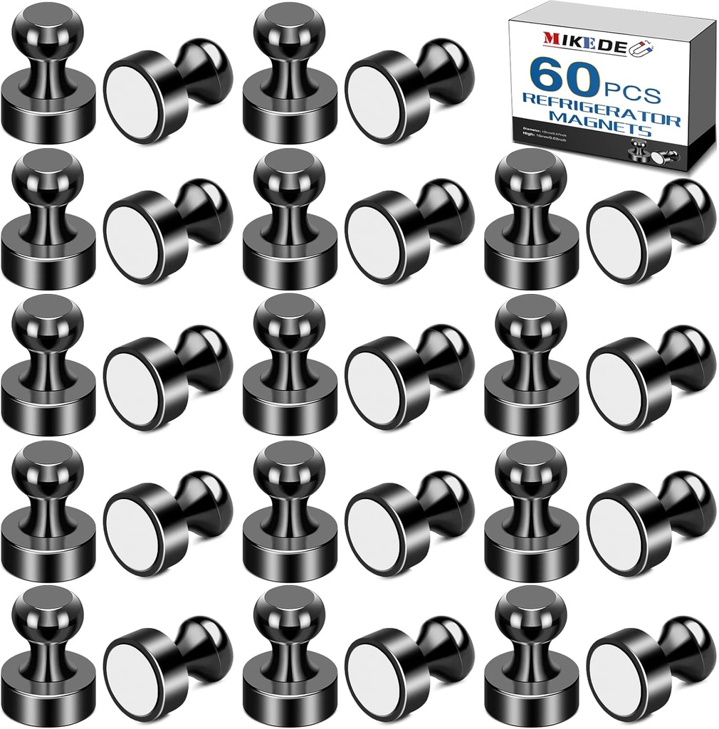 MIKEDE Whiteboard Magnets, 60Pcs Fridge Magnets Small Magnetic Push Pins Strong Magnets for Whiteboard, Black Neodymium Refrigerator Magnet Perfect for School, Classroom,Kitchen and Map Magnet