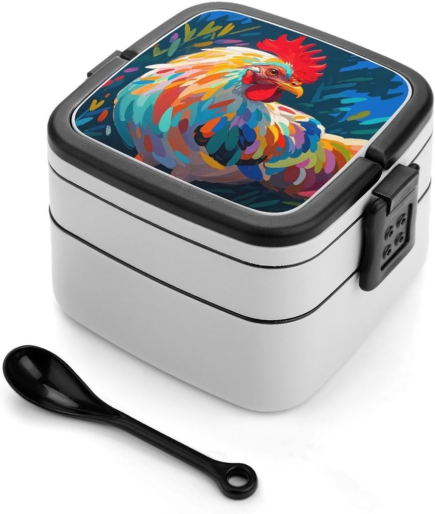 Art Colorful Chicken Bento Box Double-Layer Bento Lunch Container with Spoon And Invisible Handle Adult Leak-Proof Lunchbox for Dining Out Work Picnics Travel