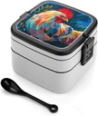 Art Colorful Chicken Bento Box Double-Layer Bento Lunch Container with Spoon And Invisible Handle Adult Leak-Proof Lunchbox for Dining Out Work Picnics Travel