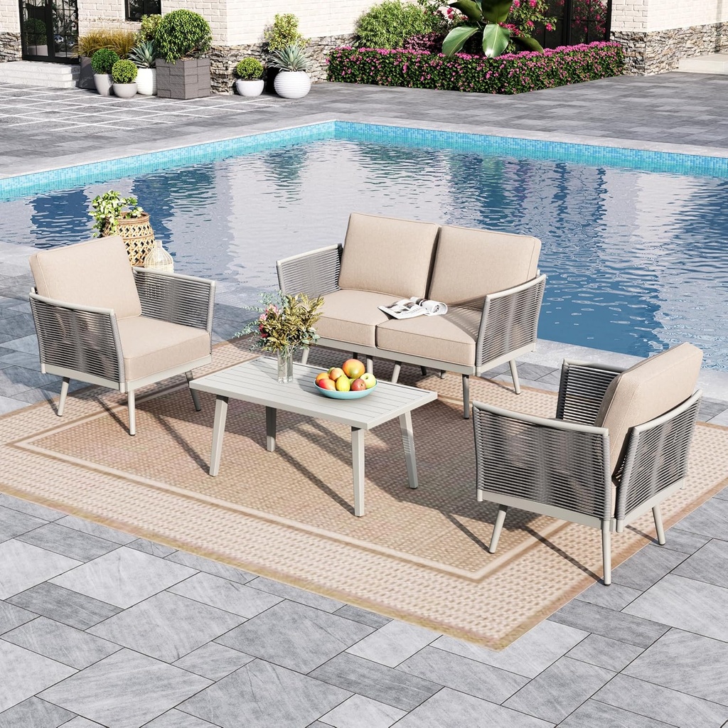 Sophia & William 5-Piece Patio Furniture Set, Outdoor Sectional Furniture with Classic Rope PE Rattan and Coffee Table, All-Weather Conversation Set with Anti-Rust Frame and Olefin Cushions