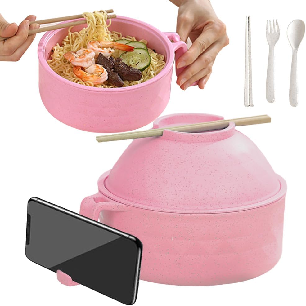 Microwave Ramen Bowl with Lid, 2025 New Ramen Noodles Bowl Set with Chopsticks, Spoon and Fork, Ramen Bowl Microwavable Portable Ramen Cooker, Apartment Essentials (Pink)