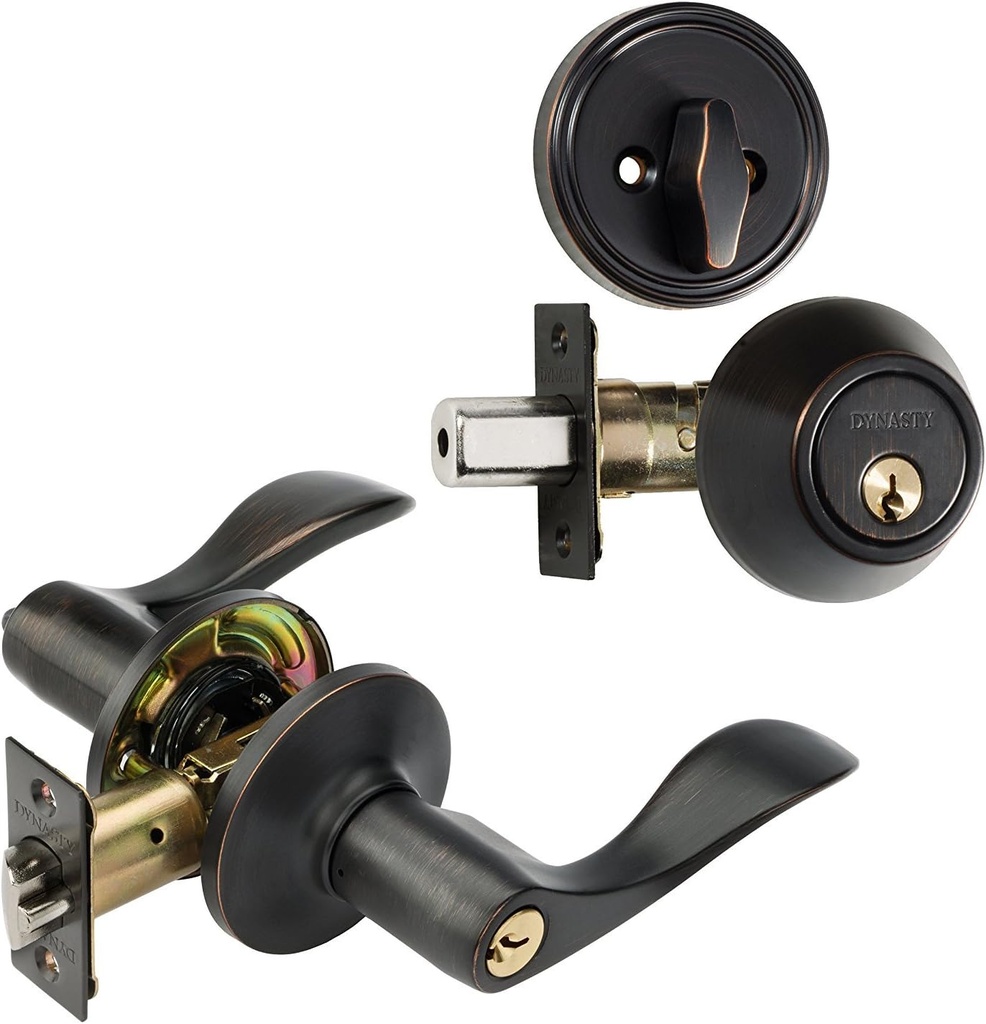 Dynasty Hardware CP-HER-12P, Heritage Front Door Entry Lever Lockset and Single Cylinder Deadbolt Combination Set, Aged Oil Rubbed Bronze - Keyed Alike