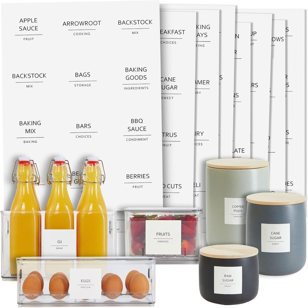 Talented Kitchen Minimalist Food Labels - 2.5" x 2.5" Matte White Vinyl, Pack of 157 - Pantry & Fridge Container Labels for Jars & Bins - Preprinted Food Storage Stickers, Water-Resistant