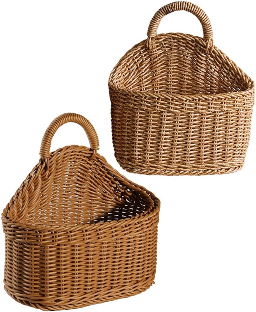 2pcs Woven Wall Storage Basket for Kitchen Hanging Cutlery Ginger Vegetable Organizer Rustic Brown and Light Brown Plastic Handcrafted Bins