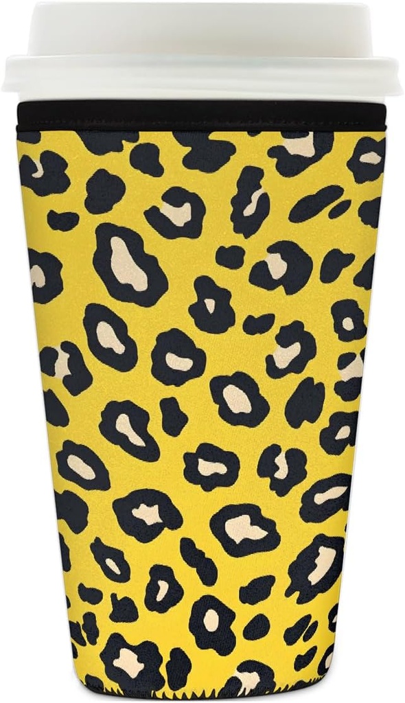 Yellow Leopard Skin Print Reusable Iced Coffee Sleeve Neoprene Insulated Drink Holder, Washable Anti-Slip Cold Cup Sleeve for Tumblers Bottles Glasses 26-28oz