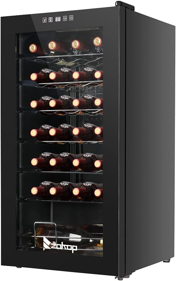 Wine Cooler Refrigerator, Freestanding or Built-In Wine Fridge Chiller with Tempered Glass Door, Electronic Wine Cellar Cooler Red, White or Champagne, with Temperature Control &LED Display (28 Bottle)