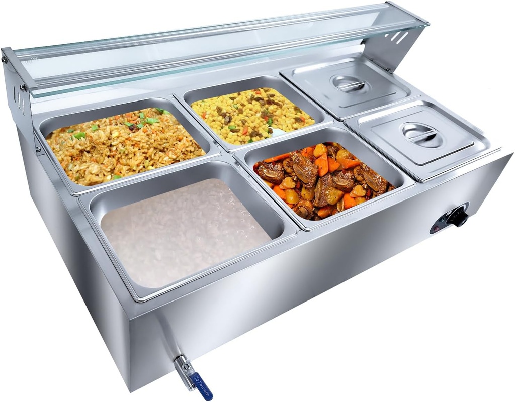 Commercial Food Warmer, 6 x 12QT Electric Steam Table with Glass Cover, 1500W Countertop Stainless Steel Buffet Bain Marie 86-185°F Temp Control, Silver