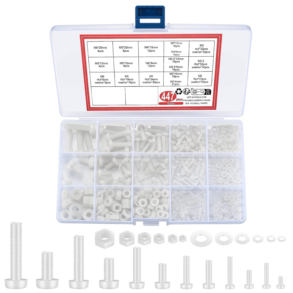 447 Pcs White Nylon Plastic Pan Round Head Screws Bolts and Nuts and Gaskets, Metric Full Threaded Hex Head Screws Bolts and Nuts and Washers Assortment Set - M2/M2.5/M3/M4/M5/M6