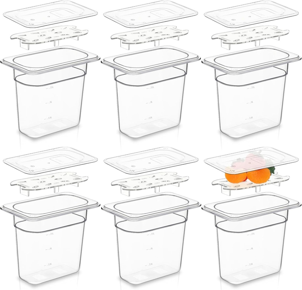 Sunnyray 6 Set 1/9 Size Polycarbonate Food Pans with Lids and Drain Shelf Deep Square Food Storage Containers for Kitchen Restaurant Fruit Vegetable Food Storage (6 inch deep)